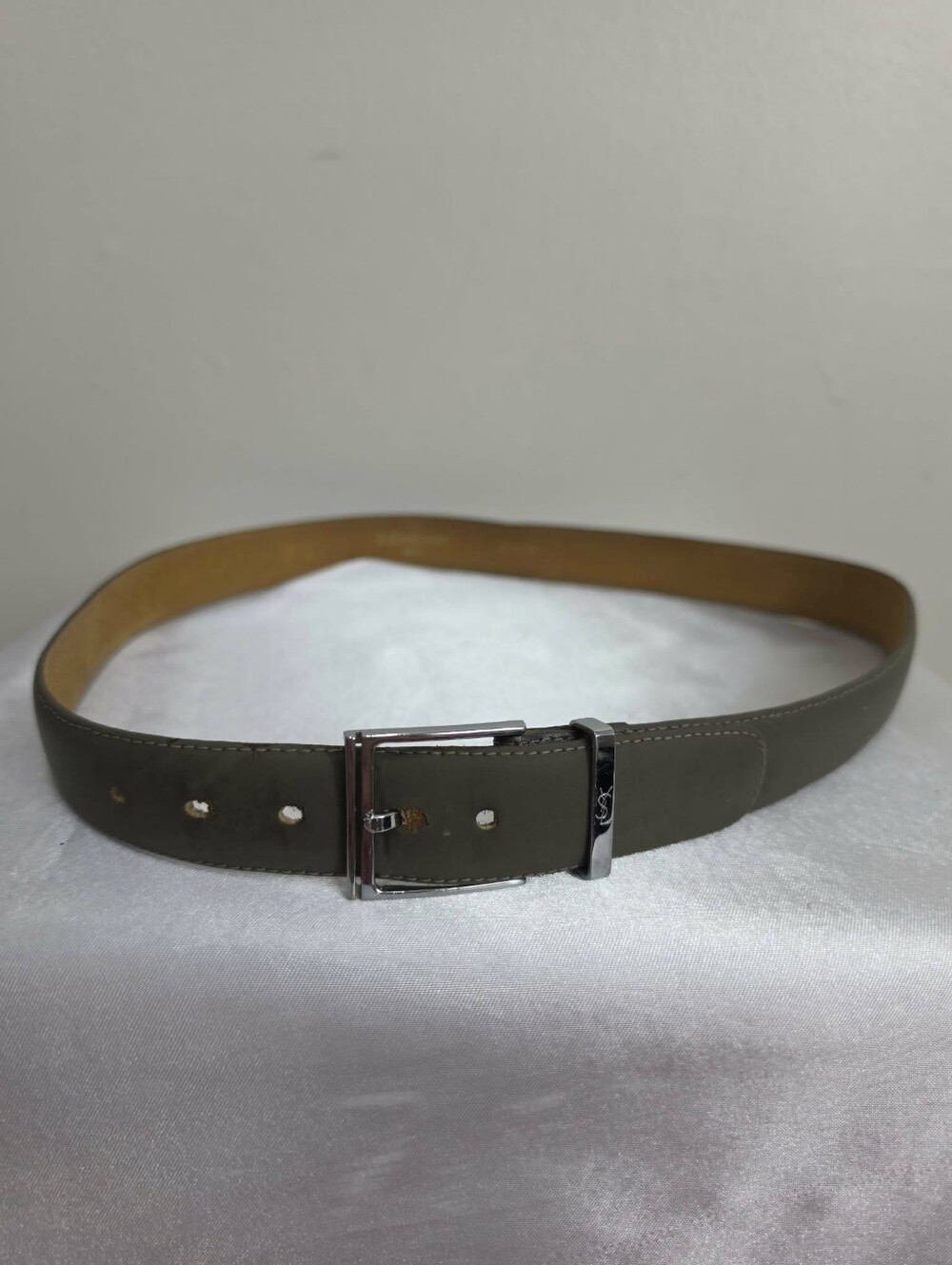 Vintage Yves Saint Laurent Olive Green Leather Belt with Silver Buckle